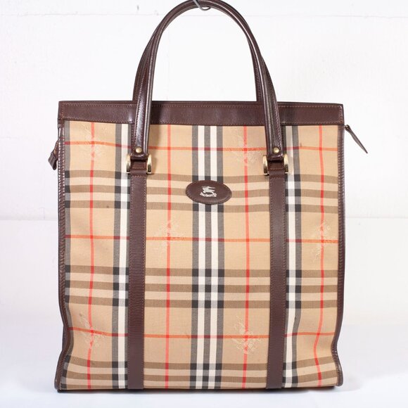 Authentic Burberry Haymarket Check Canvas and Leather Tote Bag - Picture 1 of 10